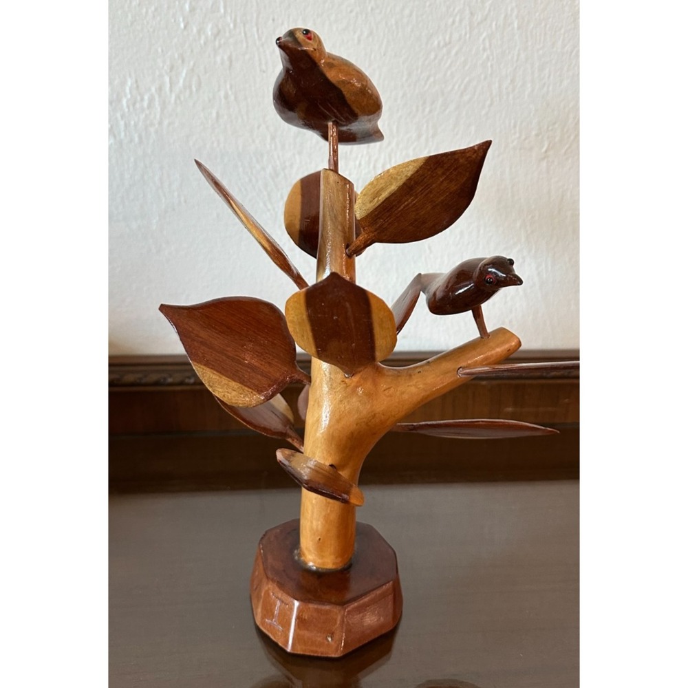 Vtg MCM Virgin Islands Teak Hand Carved Wood‎ Birds On Tree Sculpture Folk Art